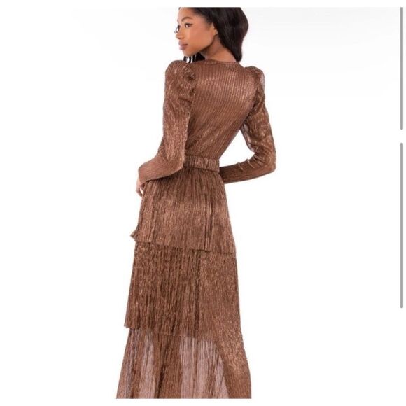 Sabina Musayev Carry Long Sleeve Bronze Metallic Tiered Midi Dress No Belt XS - Picture 3 of 11